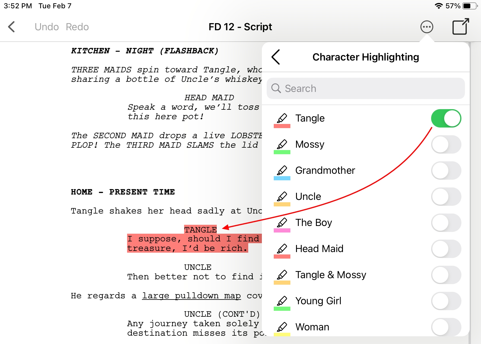 How can I highlight a character's dialogue in Final Draft Go? (iPad) –  Final Draft