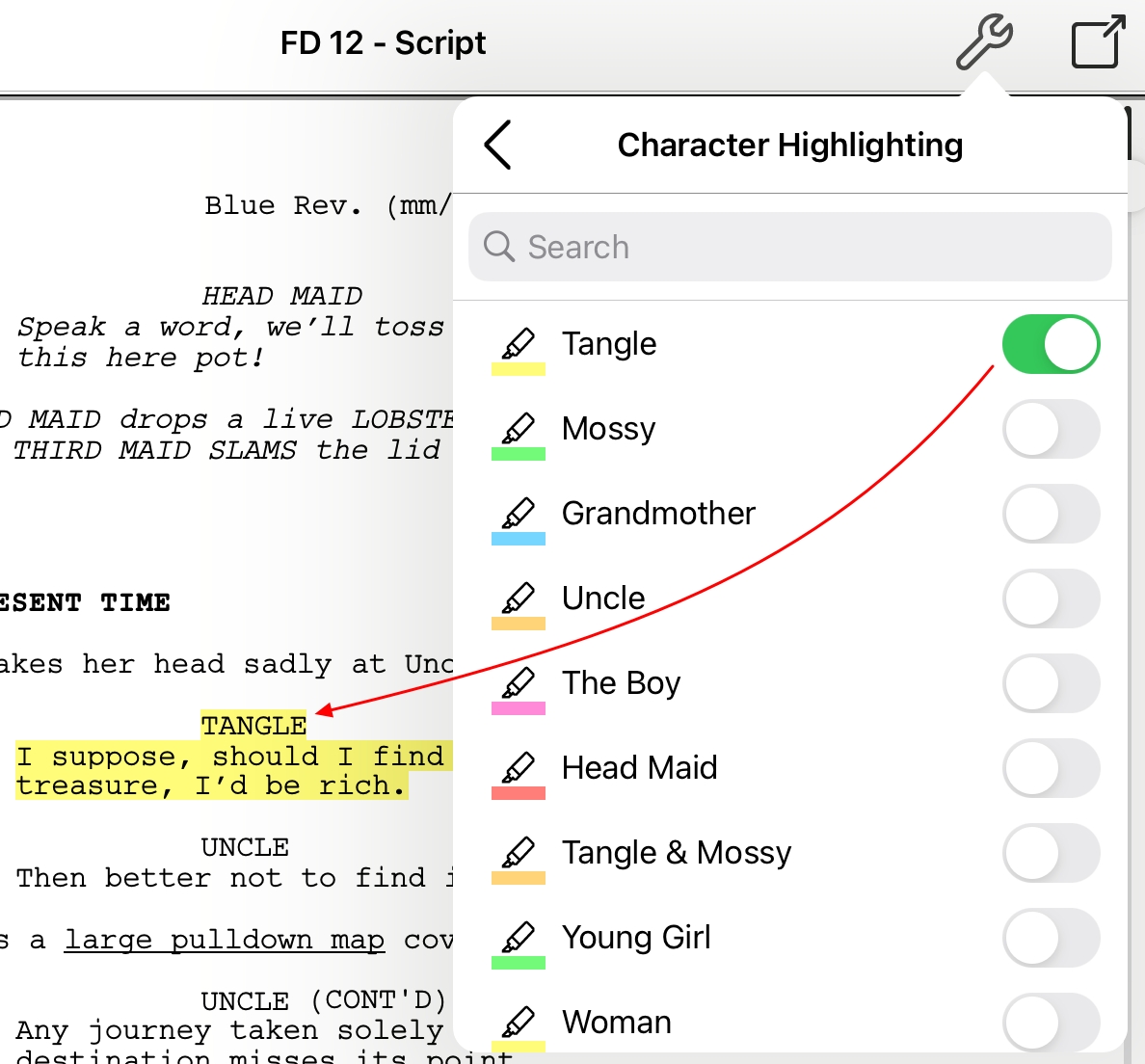 How can I highlight a character's dialogue in Final Draft Go? (iPad) –  Final Draft