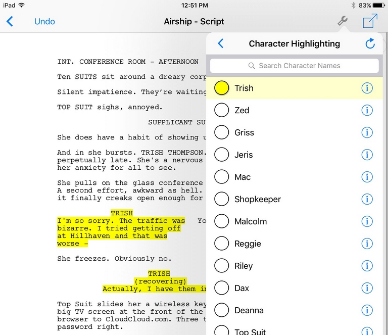 How can I highlight a character's dialogue in Final Draft Go? (iPad) –  Final Draft