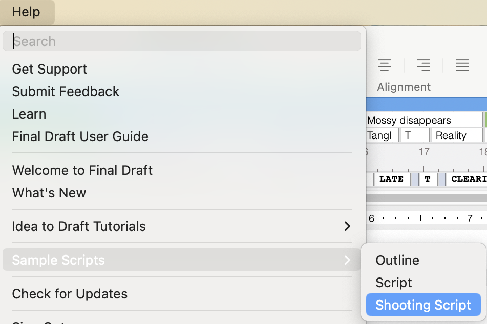 What features are in the Help menu? Final Draft